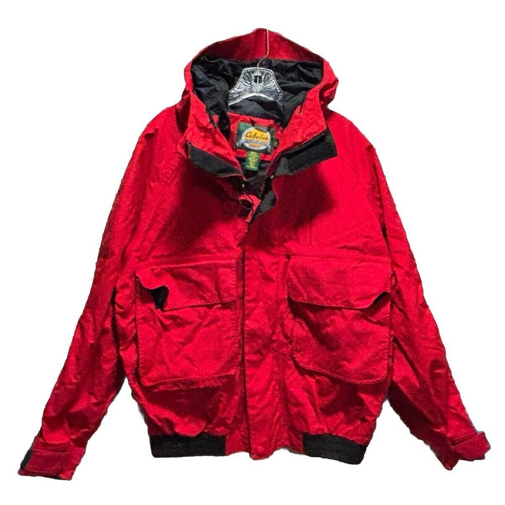 Cabelas‎ Outdoor Gear Red/Black Canvas Jacket Zip Up Collared Hood Lined Size L